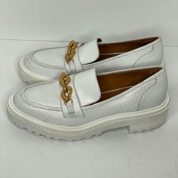 White Loafers with Gold Chain Detail - Picture 1 of 6